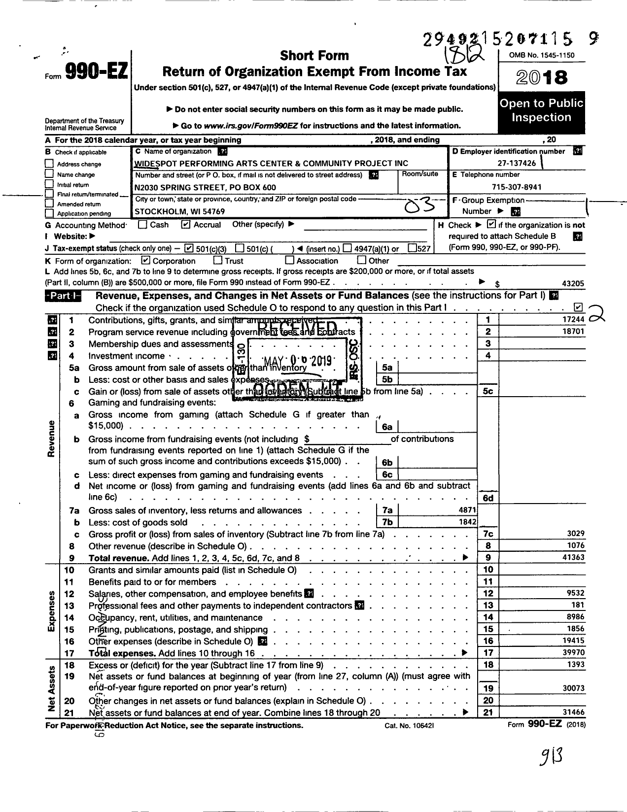 Image of first page of 2018 Form 990EZ for Widespot Performing Arts Center and Community Project