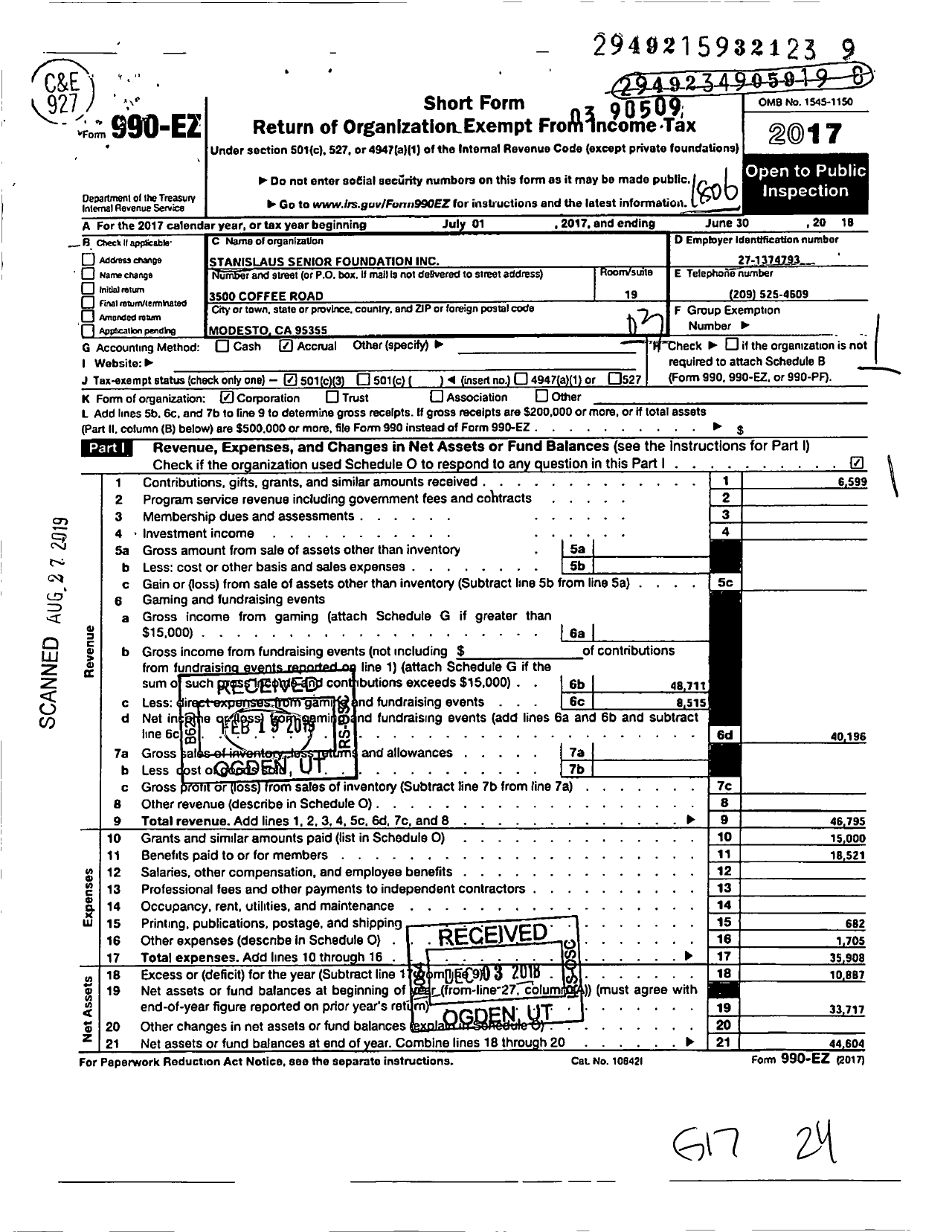 Image of first page of 2017 Form 990EZ for Stanislaus Senior Foundation