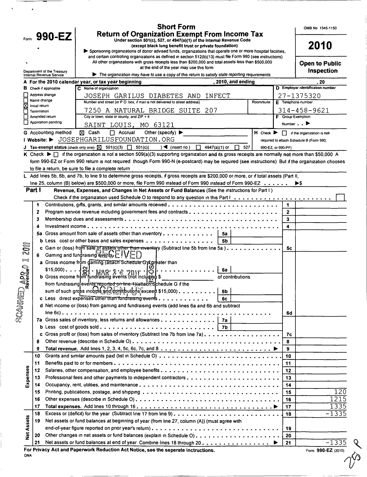 Image of first page of 2010 Form 990EZ for Joseph Garilus Diabetes and Infectious Diseases Prevention Fou