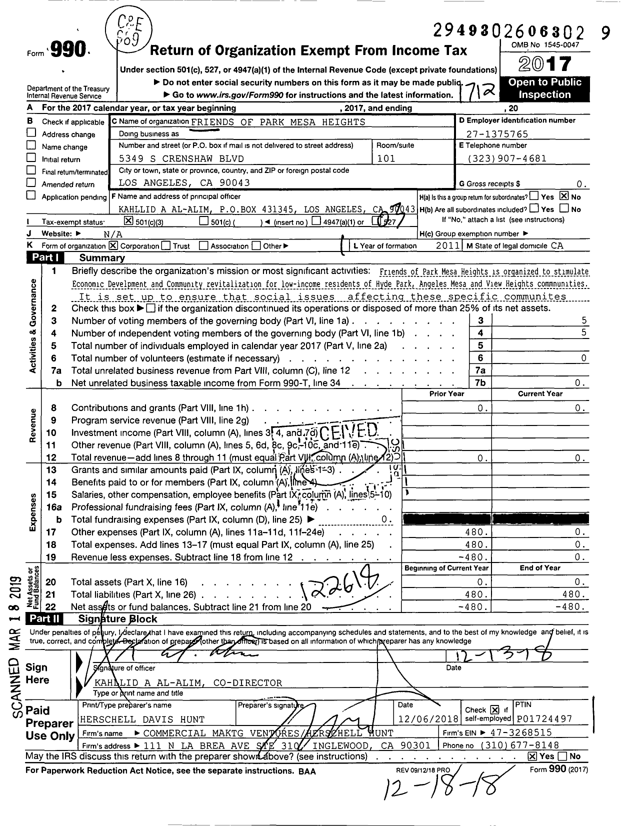 Image of first page of 2017 Form 990 for Friends of Park Mesa Heights