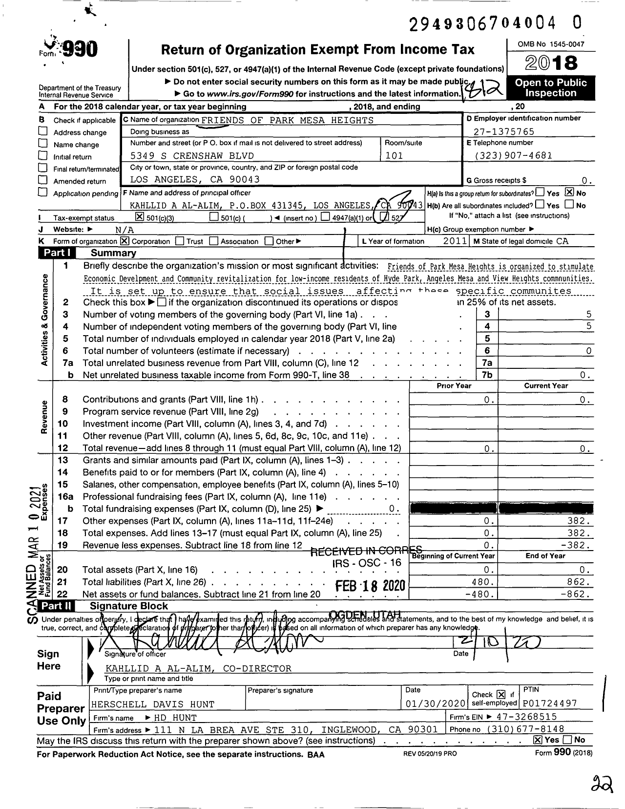 Image of first page of 2018 Form 990 for Friends of Park Mesa Heights