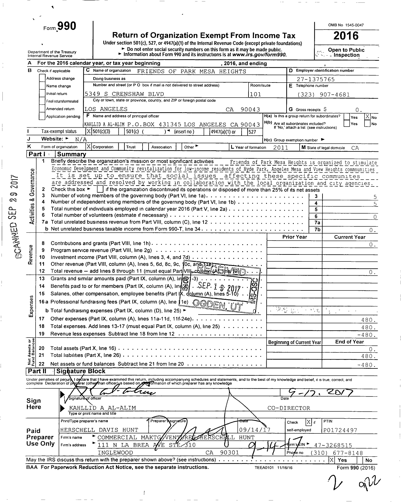 Image of first page of 2016 Form 990 for Friends of Park Mesa Heights