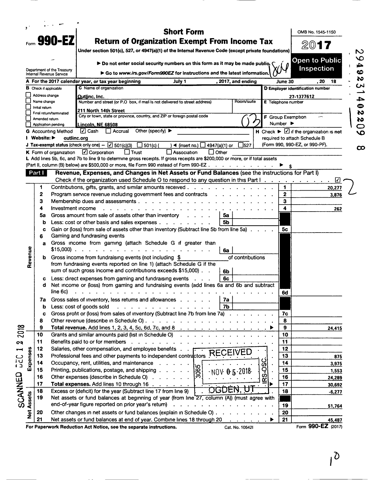 Image of first page of 2017 Form 990EZ for Outlinc Outnebraska