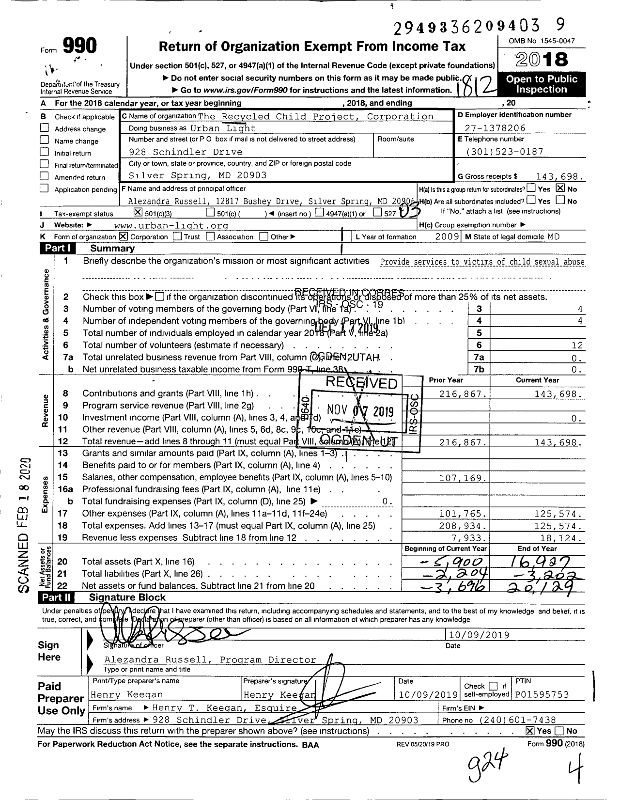 Image of first page of 2018 Form 990 for The Recycled Child Project Corporation