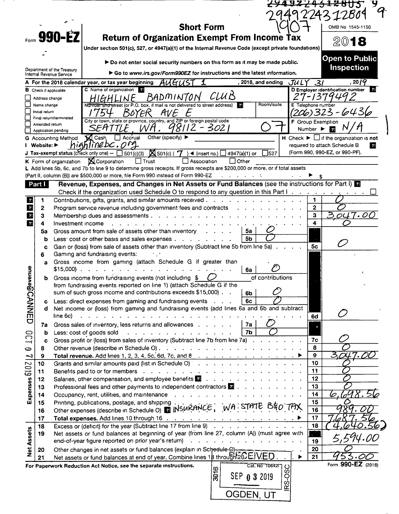 Image of first page of 2018 Form 990EO for Highline Badminton Club