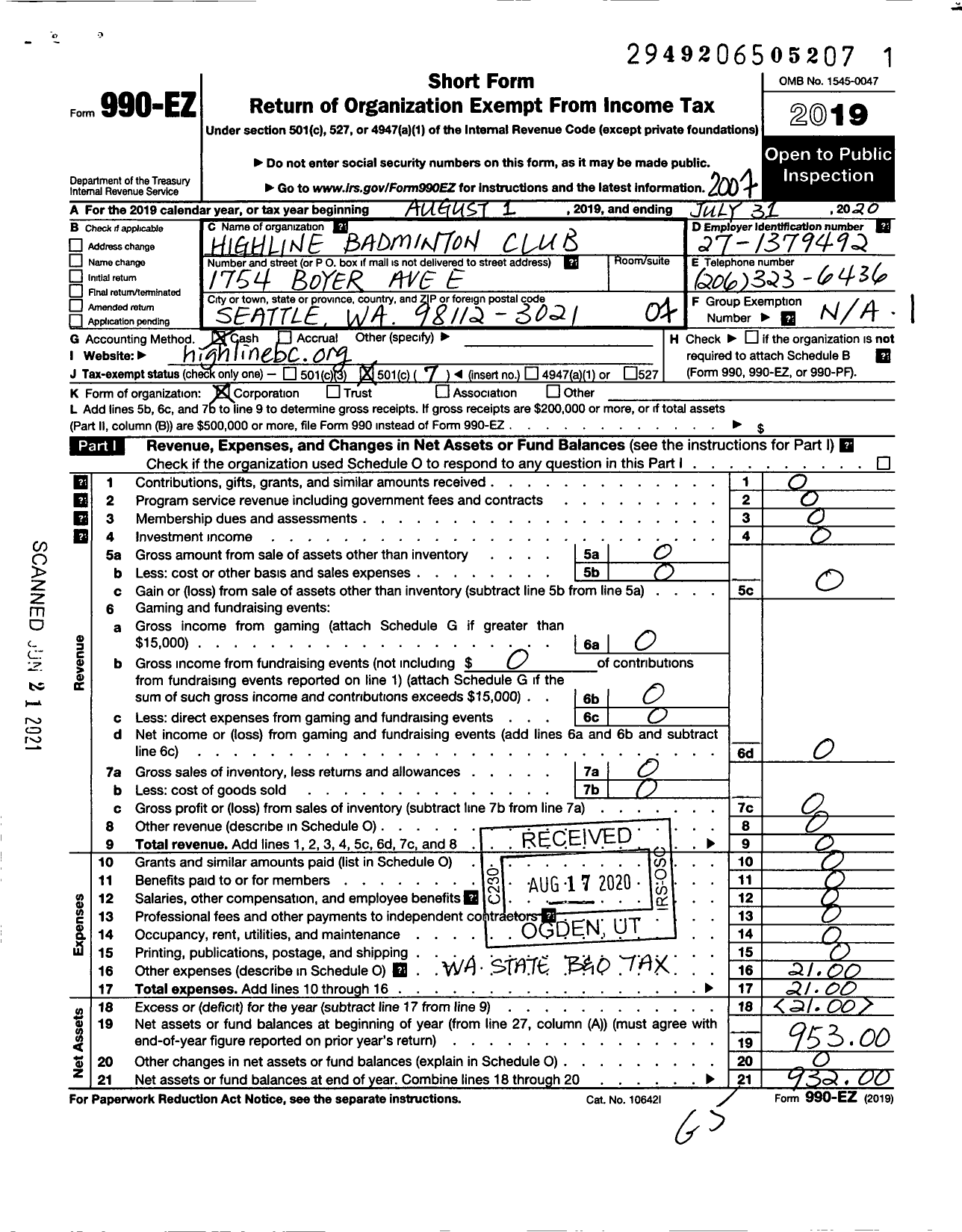 Image of first page of 2019 Form 990EO for Highline Badminton Club