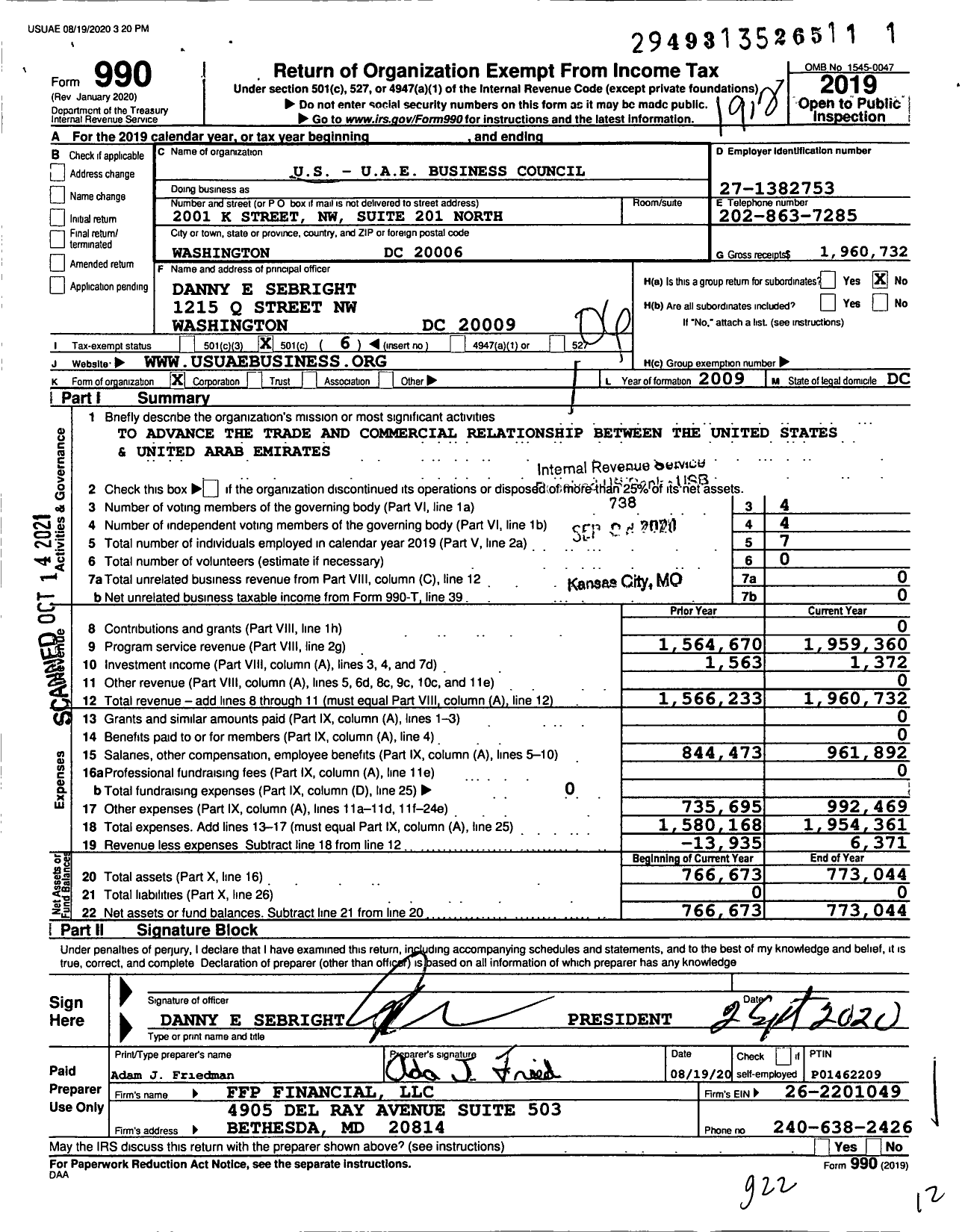 Image of first page of 2019 Form 990O for U.S. - U.A.E. Business Council