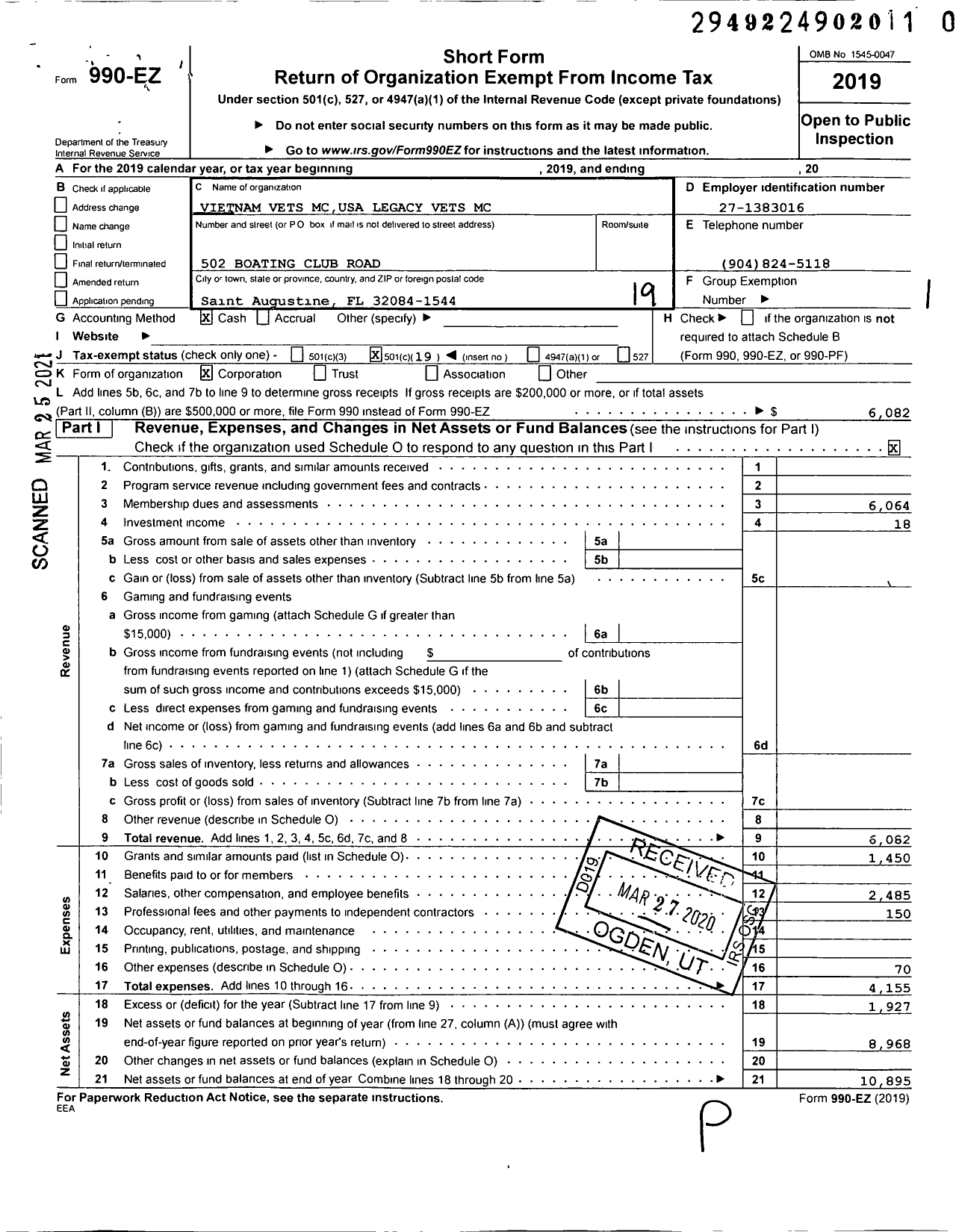 Image of first page of 2019 Form 990EO for Vietnam Vets Mcusa Legacy Vets MC