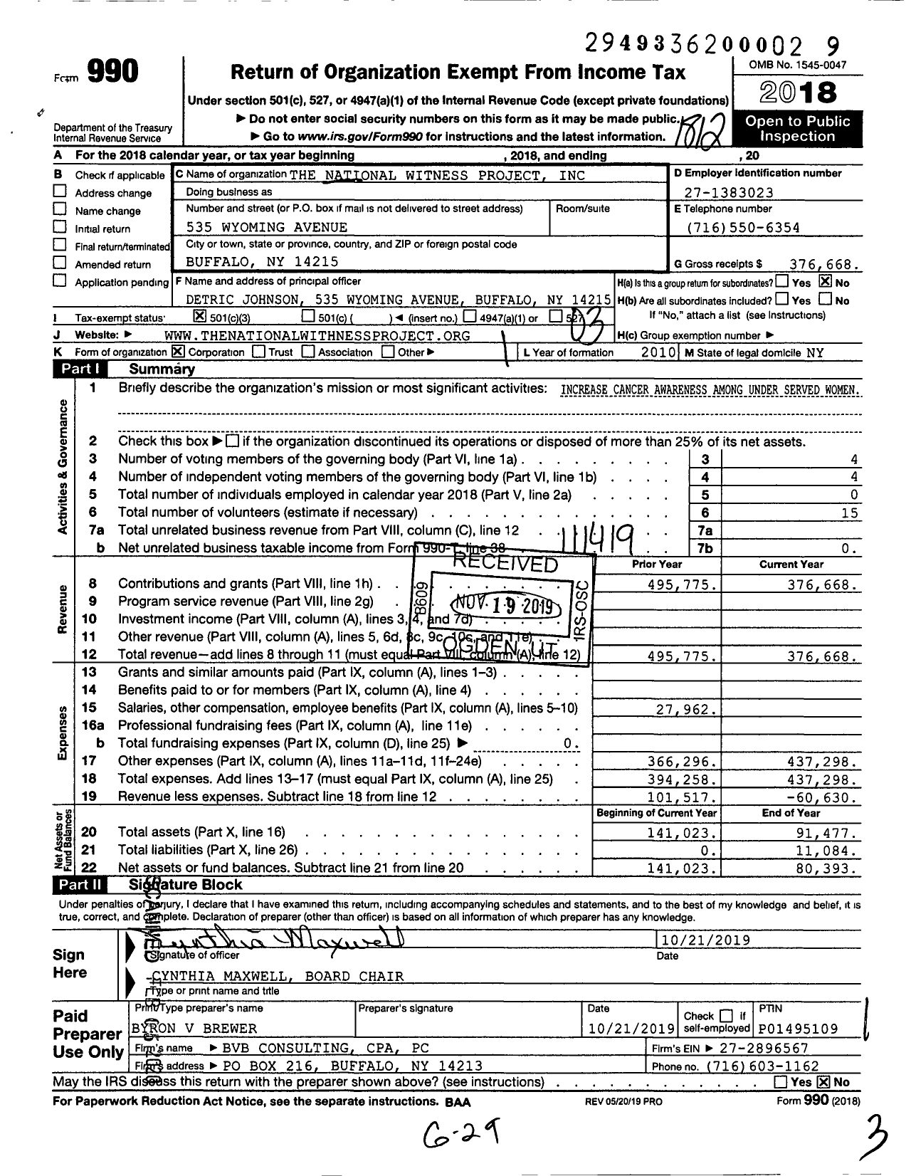 Image of first page of 2018 Form 990 for The National Witness Project