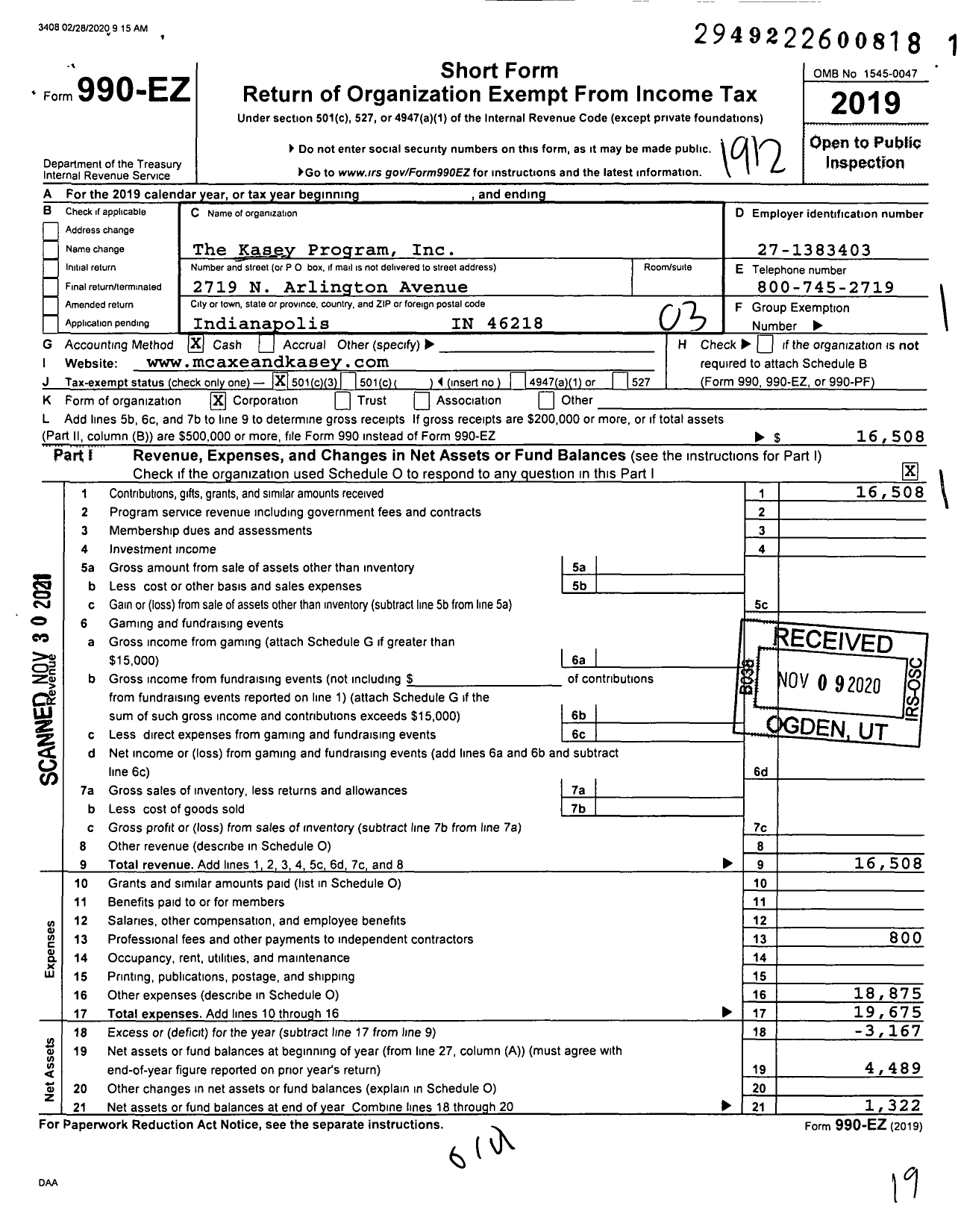 Image of first page of 2019 Form 990EZ for The Kasey Program