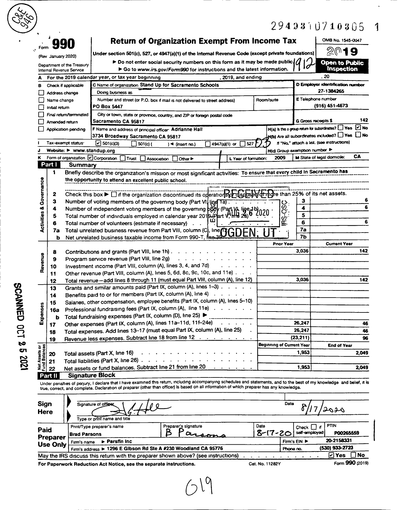 Image of first page of 2019 Form 990 for Stand Up for Sacramento Schools