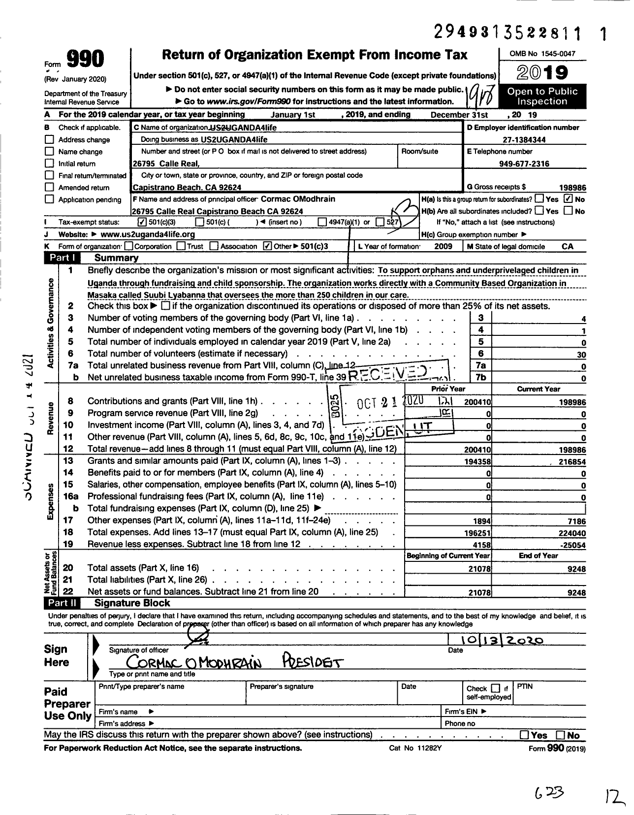 Image of first page of 2019 Form 990 for US2UGANDA4life