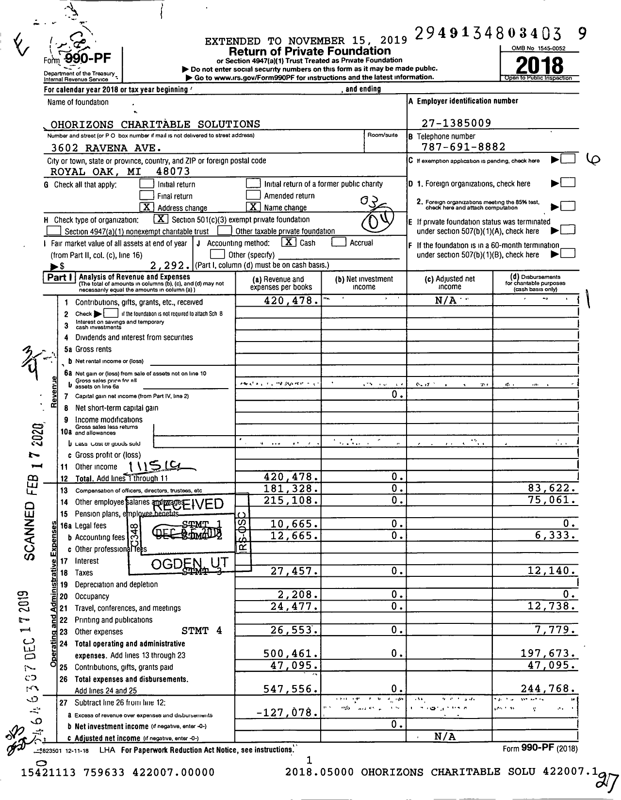 Image of first page of 2018 Form 990PF for OHorizons Charitable Solutions