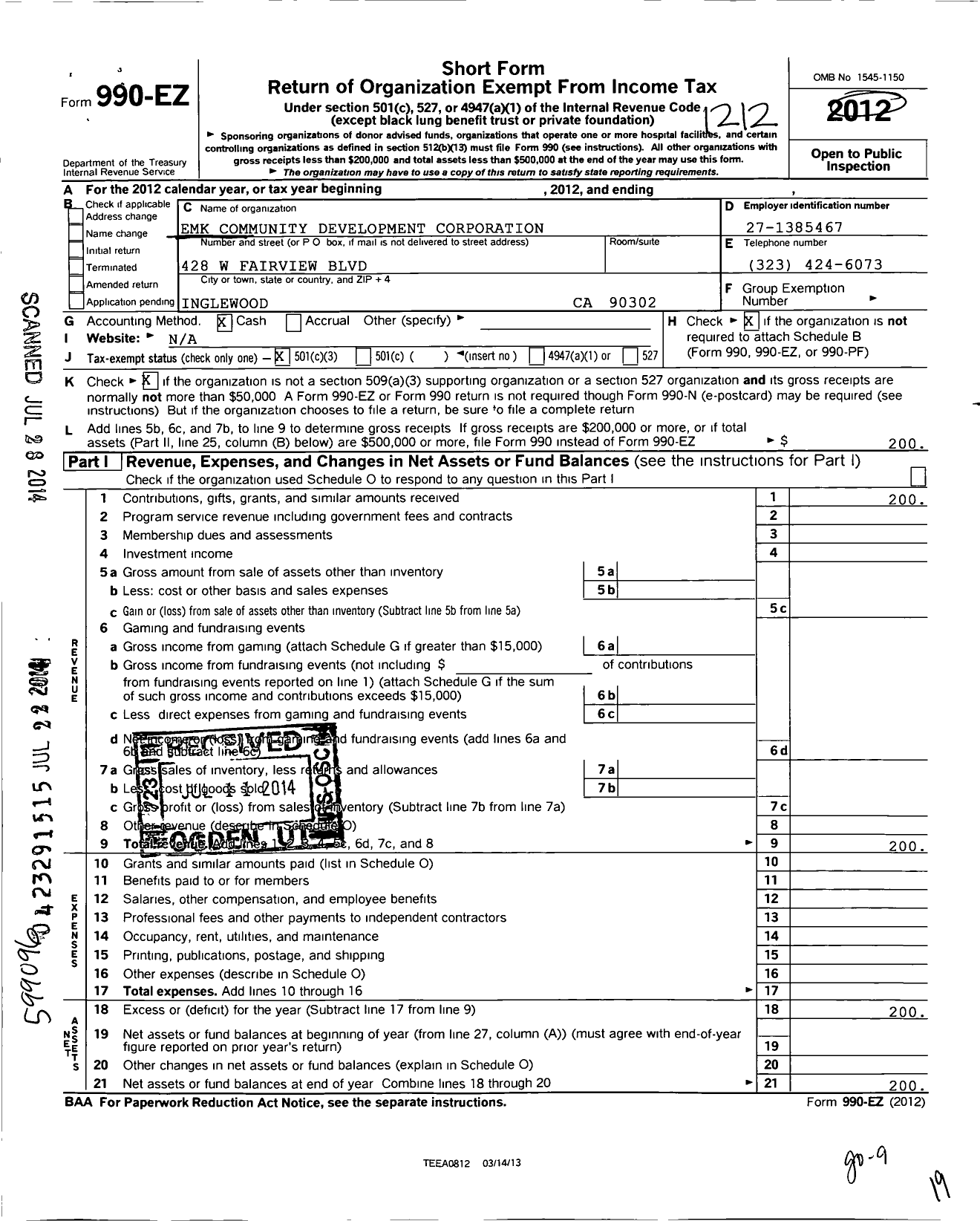 Image of first page of 2012 Form 990EZ for Emk Community Development Corporation