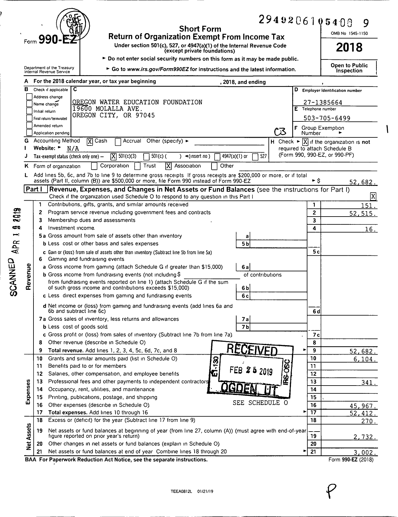 Image of first page of 2018 Form 990EZ for Oregon Water Education Foundation