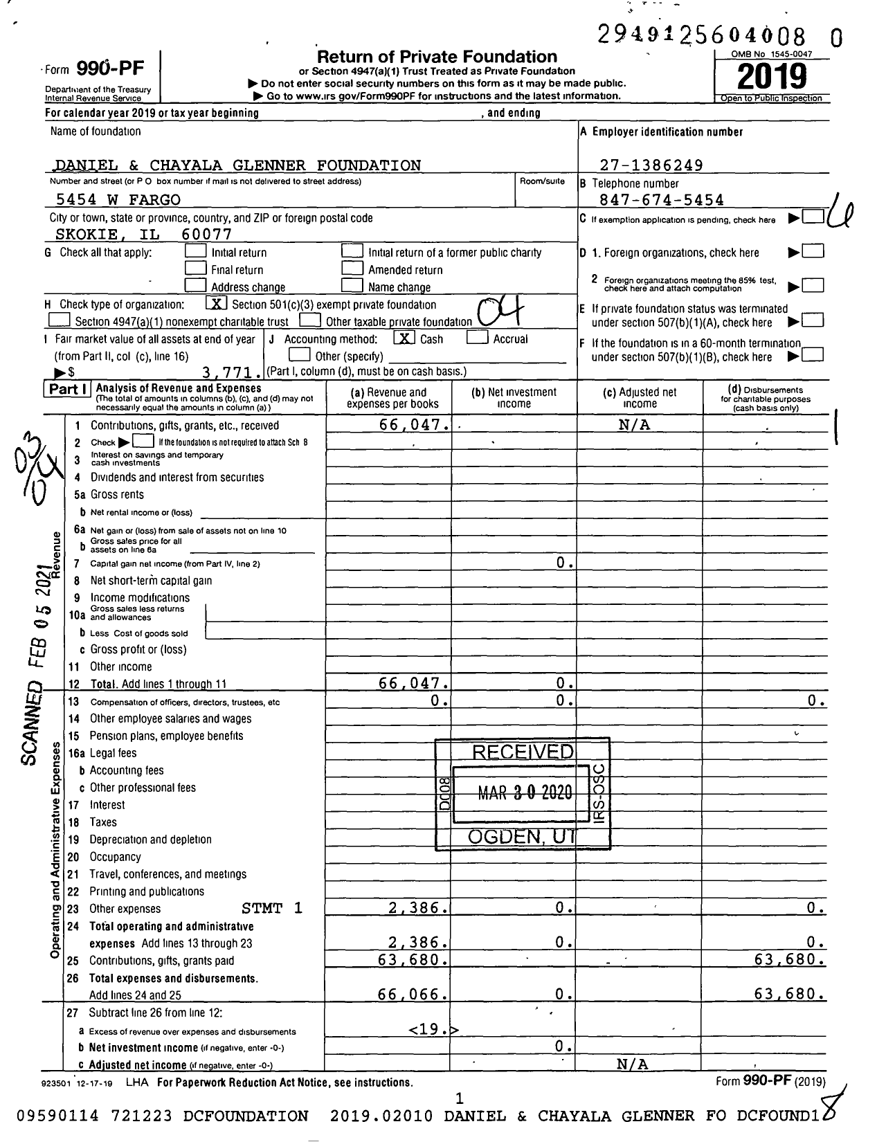 Image of first page of 2019 Form 990PF for Daniel and Chayala Glenner Foundation