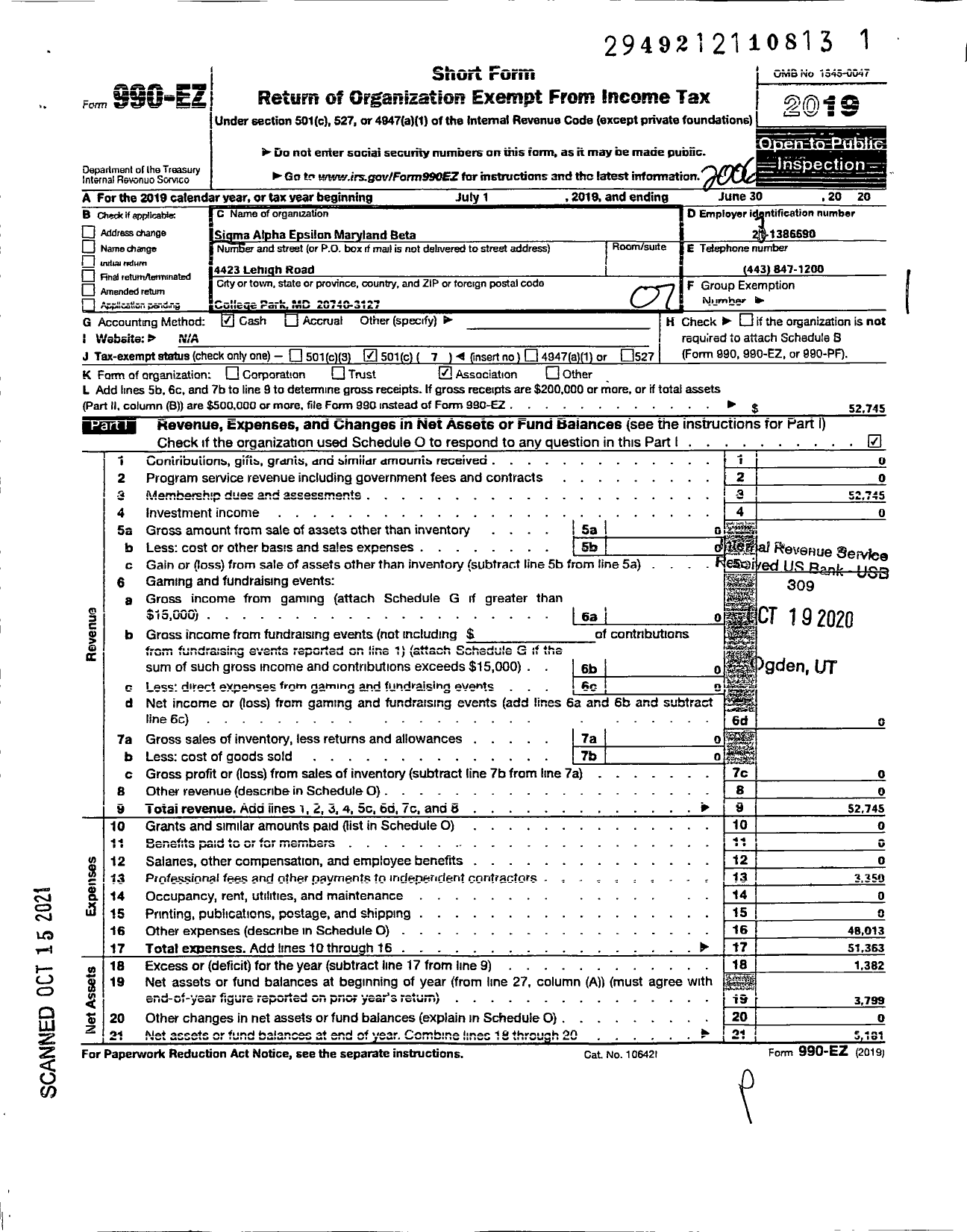 Image of first page of 2019 Form 990EO for Sigma Alpha Epsilon Fraternity - MD Beta Chapter