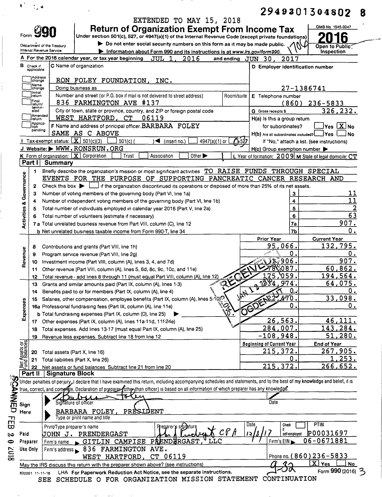 Image of first page of 2016 Form 990 for Ron Foley Foundation