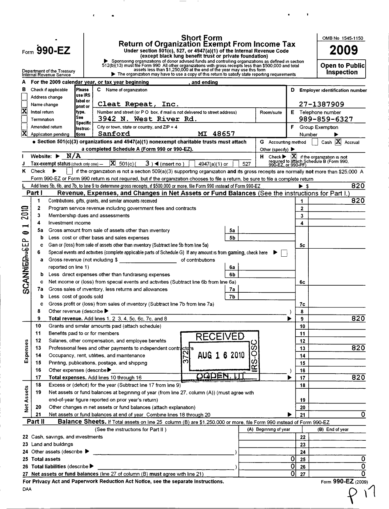 Image of first page of 2009 Form 990EZ for Cleat Repeat