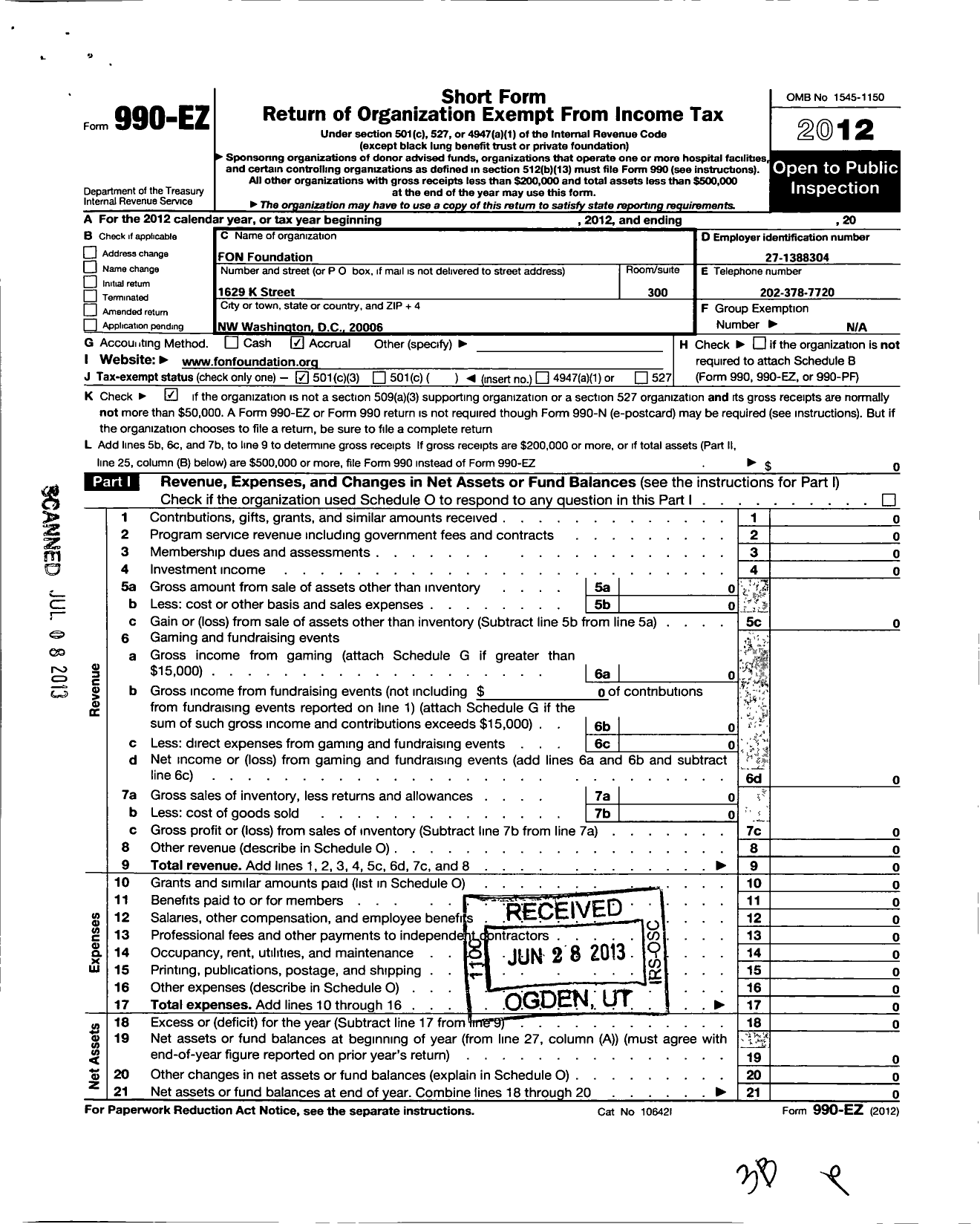 Image of first page of 2012 Form 990EZ for Fon Foundation