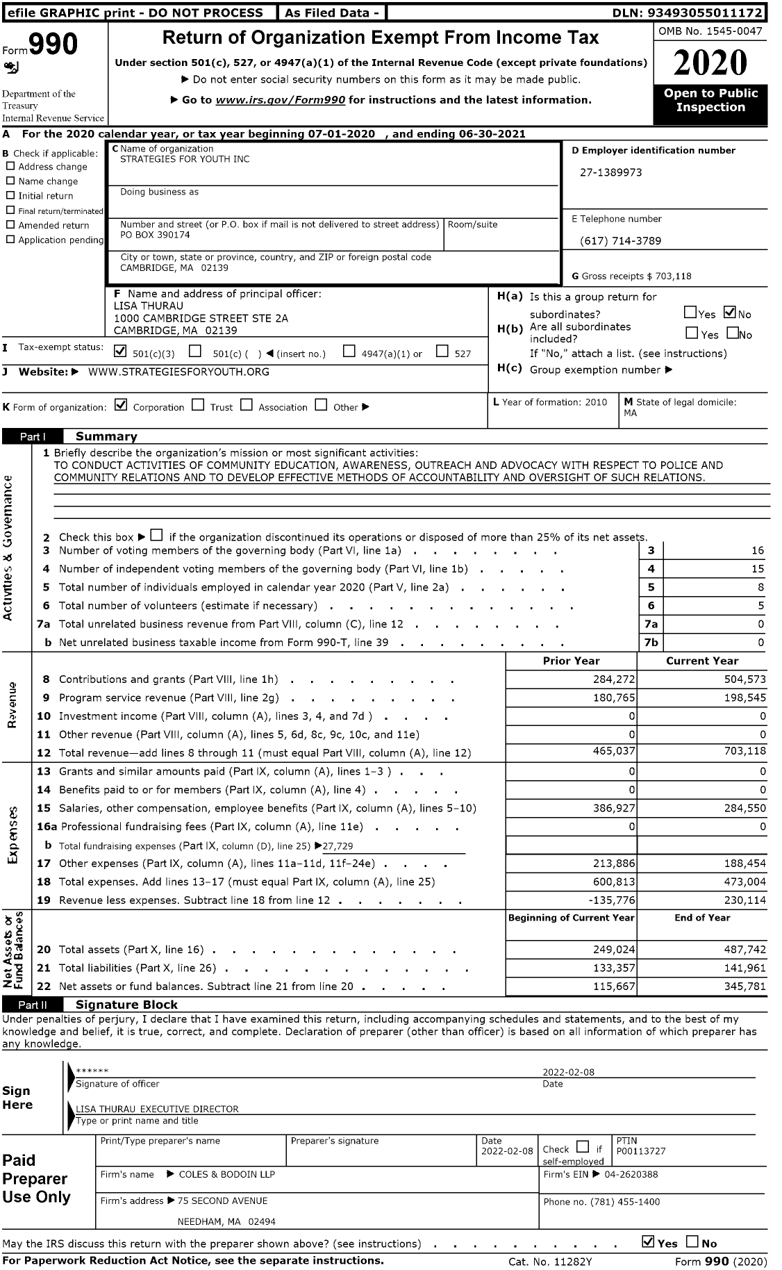 Image of first page of 2020 Form 990 for Strategies for Youth