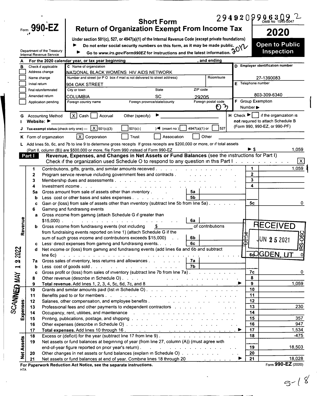 Image of first page of 2020 Form 990EZ for National Black Womens Hiv Aids Network (NBWHAN)