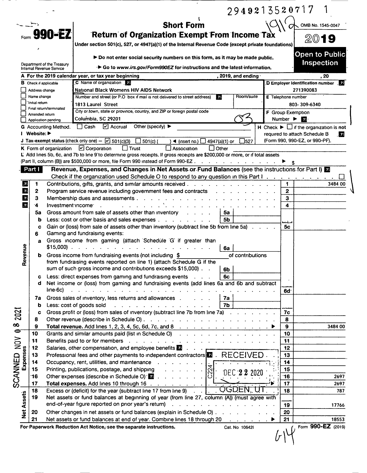 Image of first page of 2019 Form 990EZ for National Black Womens Hiv Aids Network (NBWHAN)