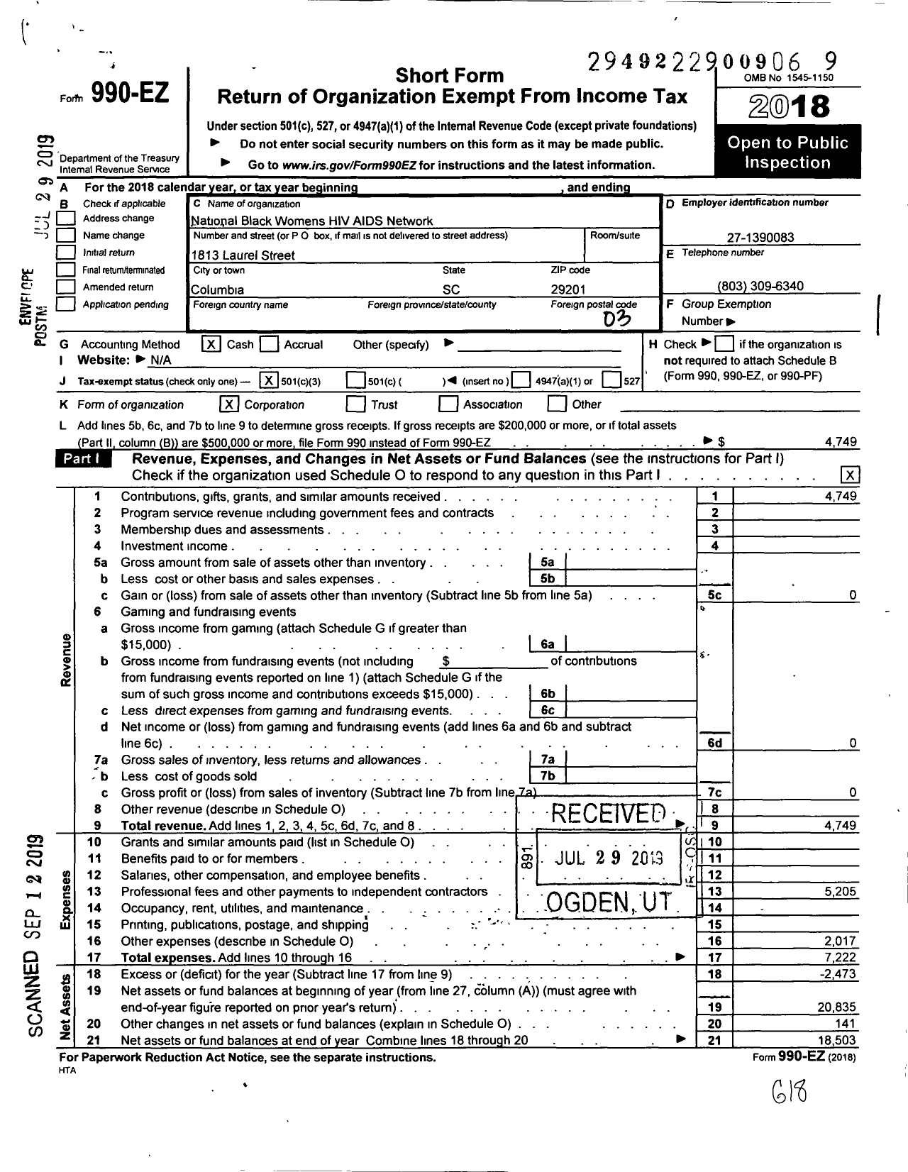 Image of first page of 2018 Form 990EZ for National Black Womens Hiv Aids Network (NBWHAN)