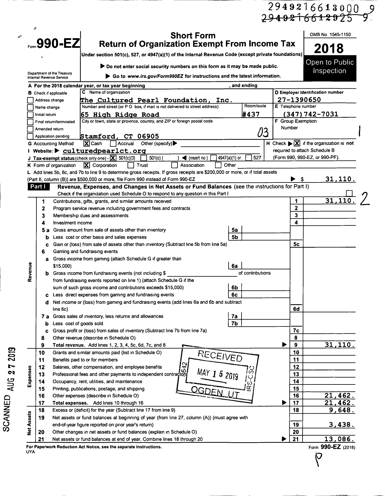 Image of first page of 2018 Form 990EZ for Cultured Pearl Foundation