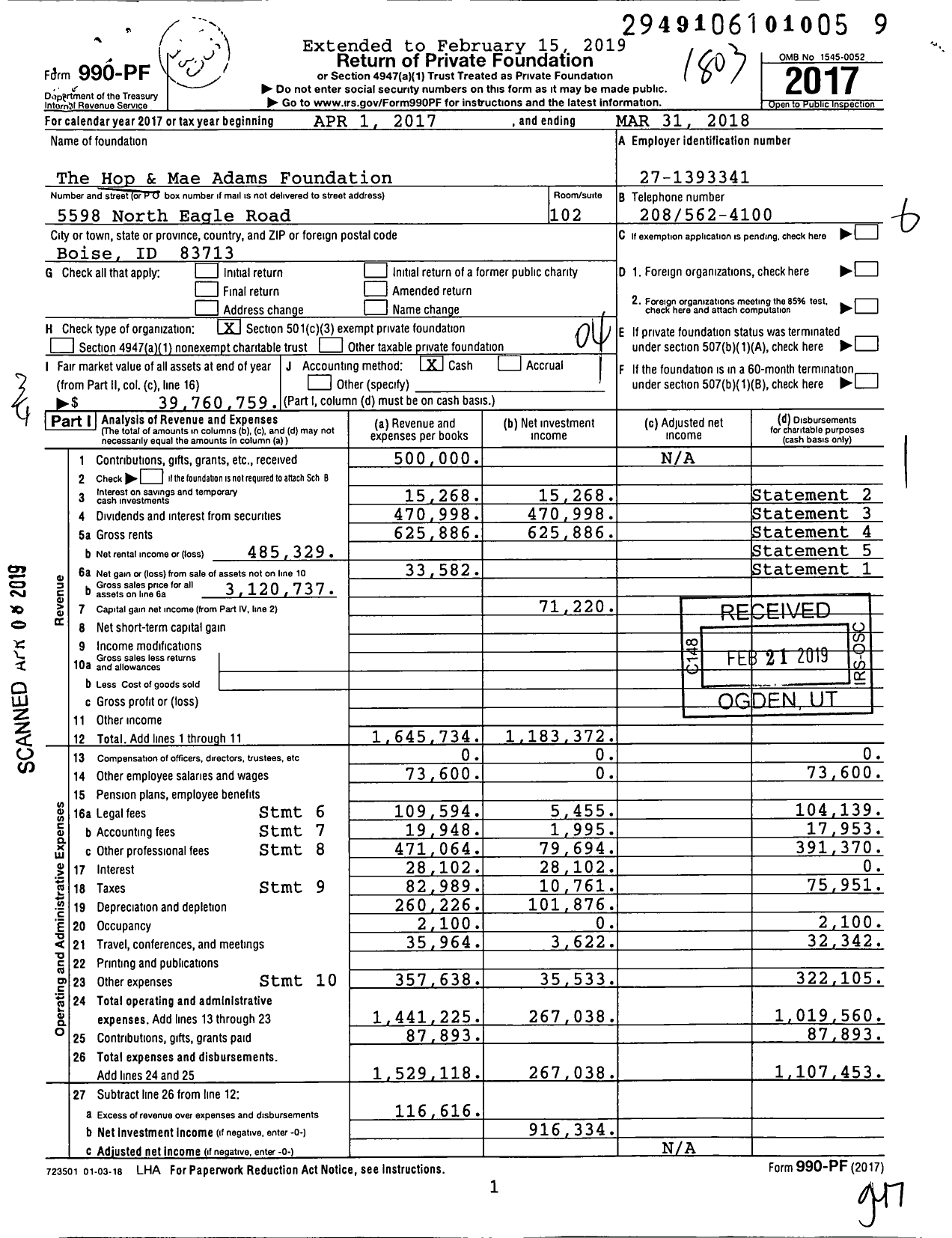 Image of first page of 2017 Form 990PF for The Hop & Mae Adams Foundation