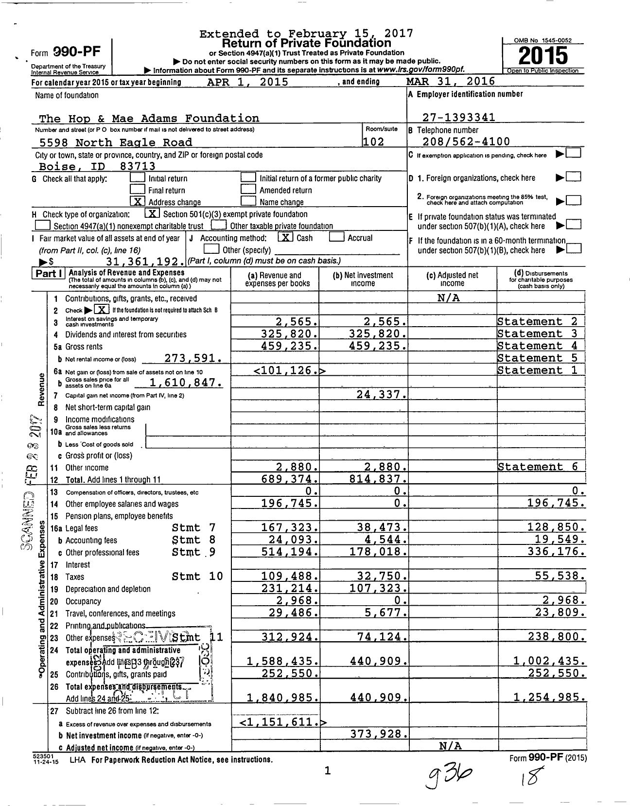 Image of first page of 2015 Form 990PF for The Hop & Mae Adams Foundation
