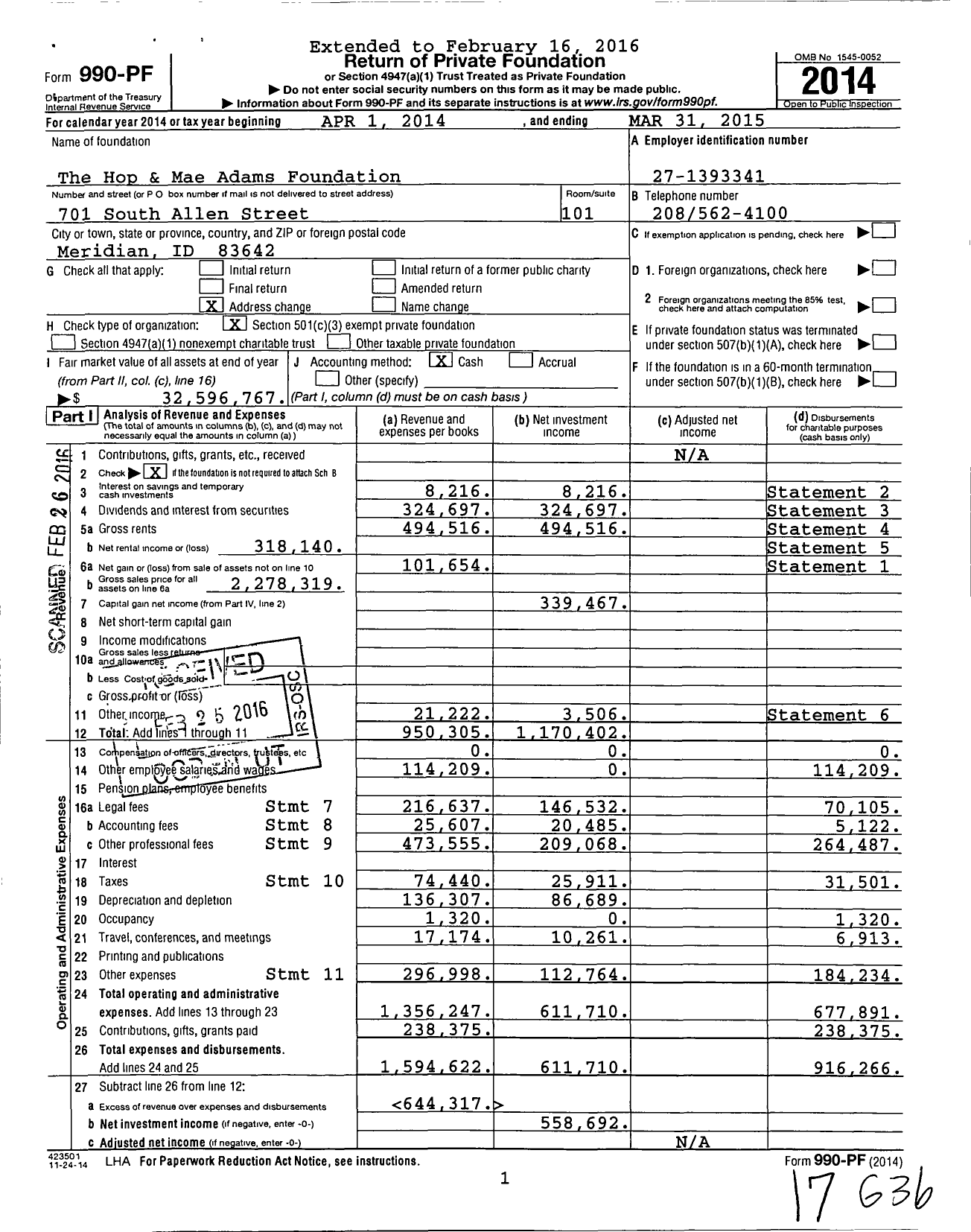 Image of first page of 2014 Form 990PF for The Hop & Mae Adams Foundation