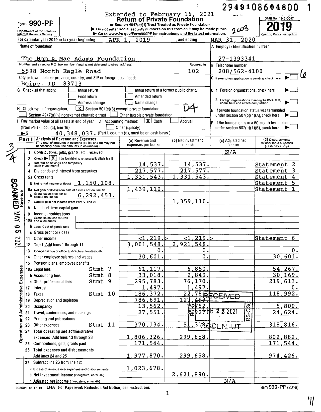 Image of first page of 2019 Form 990PF for The Hop & Mae Adams Foundation