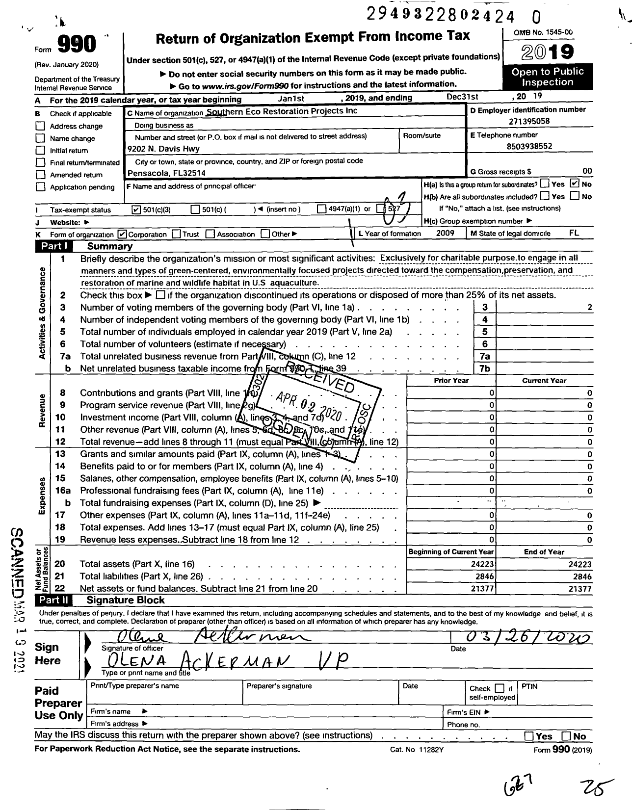 Image of first page of 2019 Form 990 for Southern Eco-Restoration Projects Incorporated