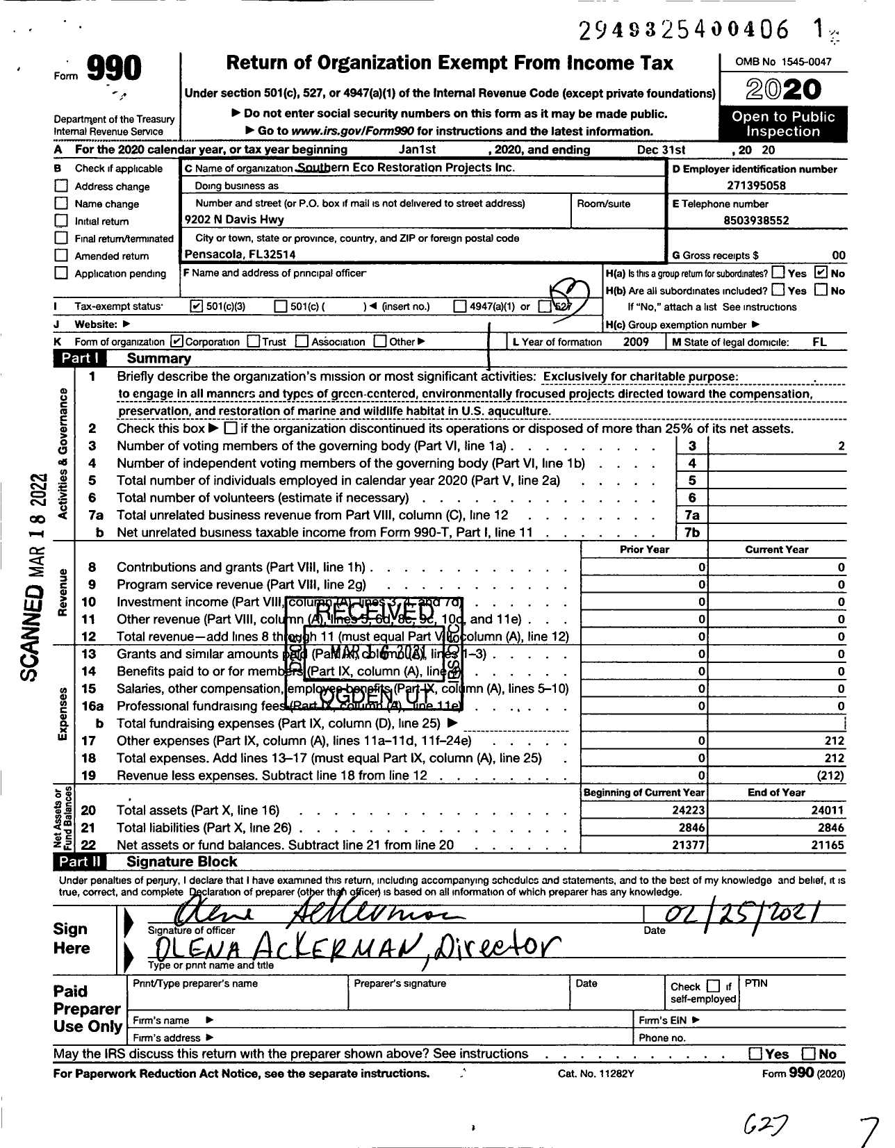 Image of first page of 2020 Form 990 for Southern Eco-Restoration Projects Incorporated