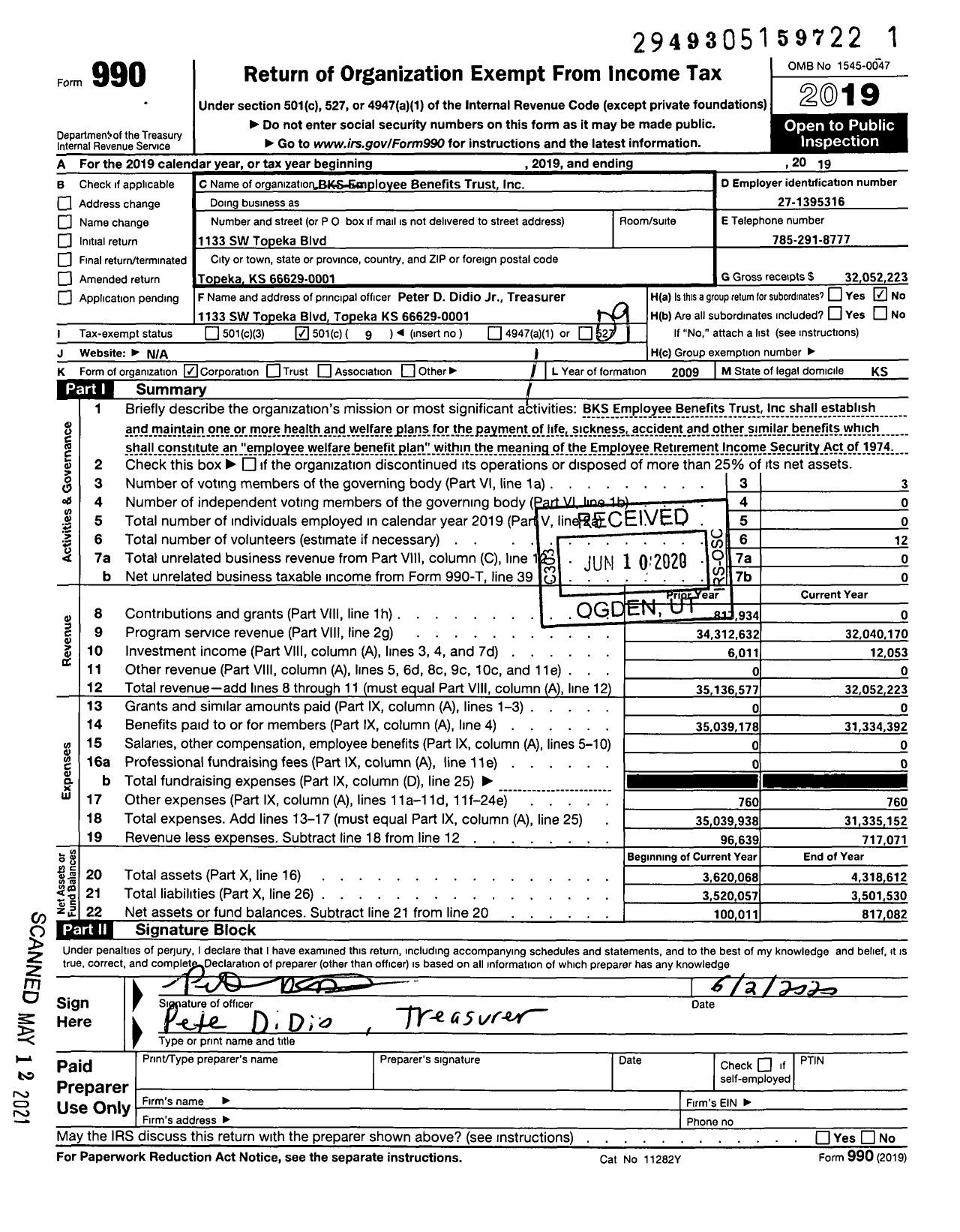 Image of first page of 2019 Form 990O for BKS Employee Benefits Trust