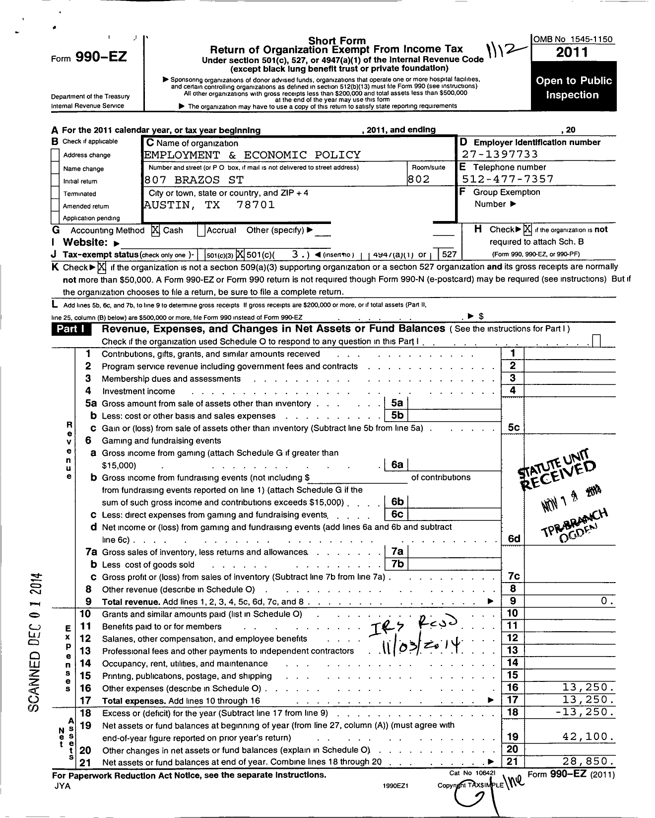 Image of first page of 2011 Form 990EZ for Employment and Economic Policy Council