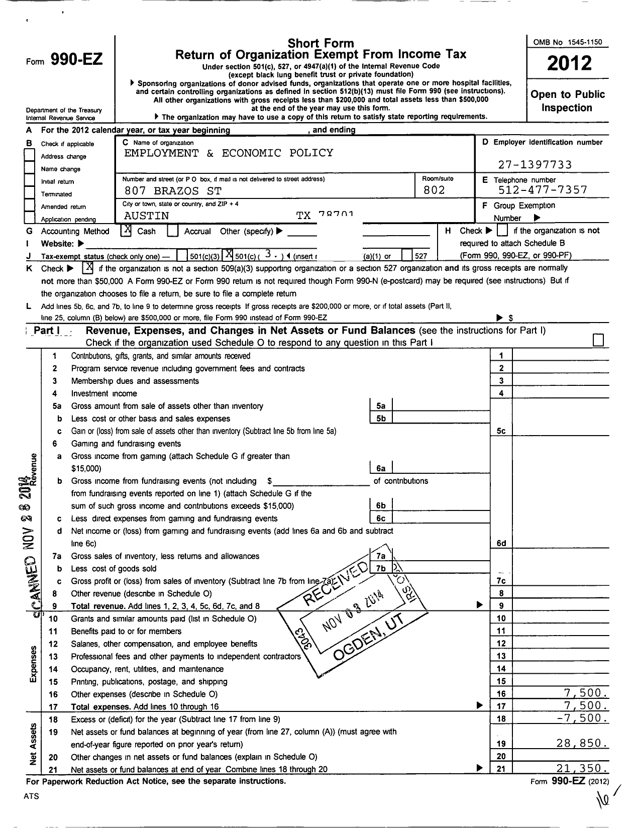 Image of first page of 2012 Form 990EZ for Employment and Economic Policy Council