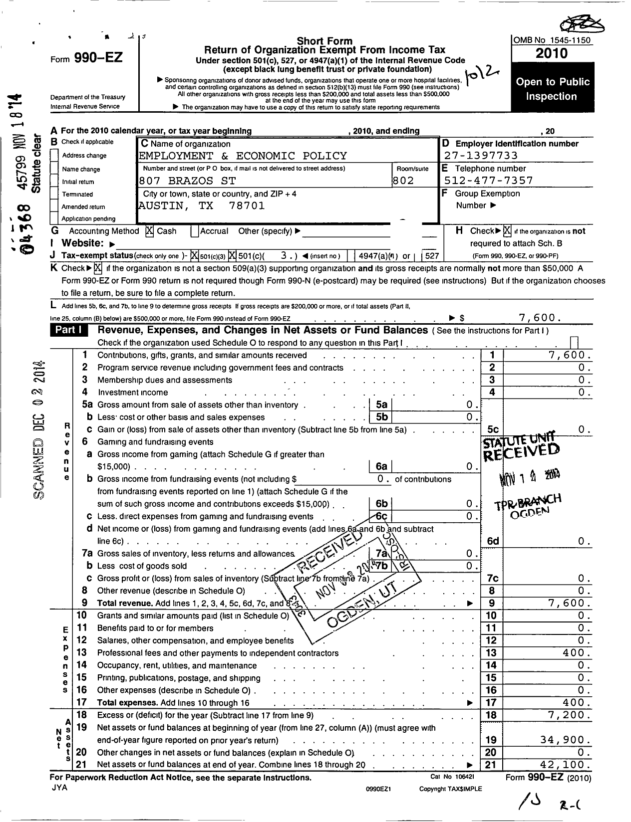 Image of first page of 2010 Form 990EO for Employment and Economic Policy Council