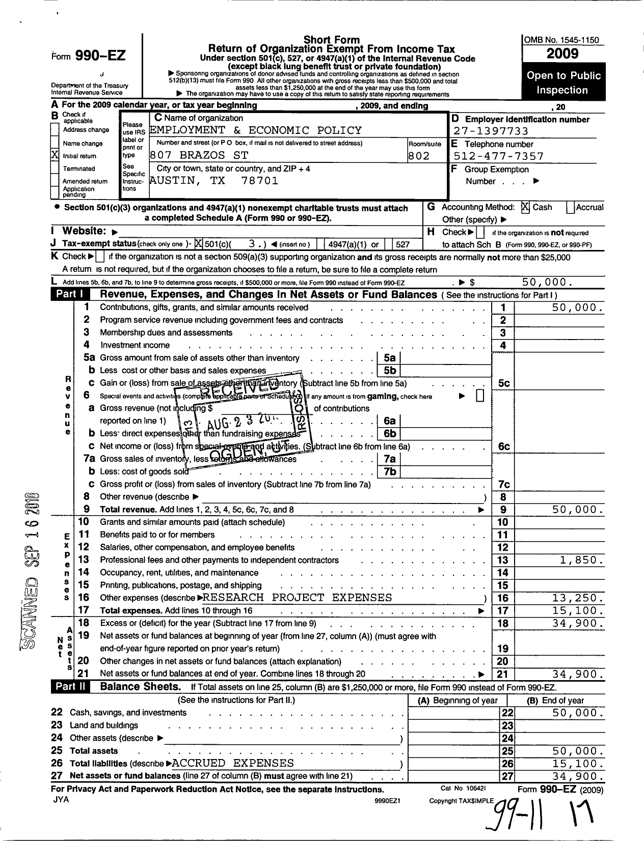 Image of first page of 2009 Form 990EZ for Employment and Economic Policy Council