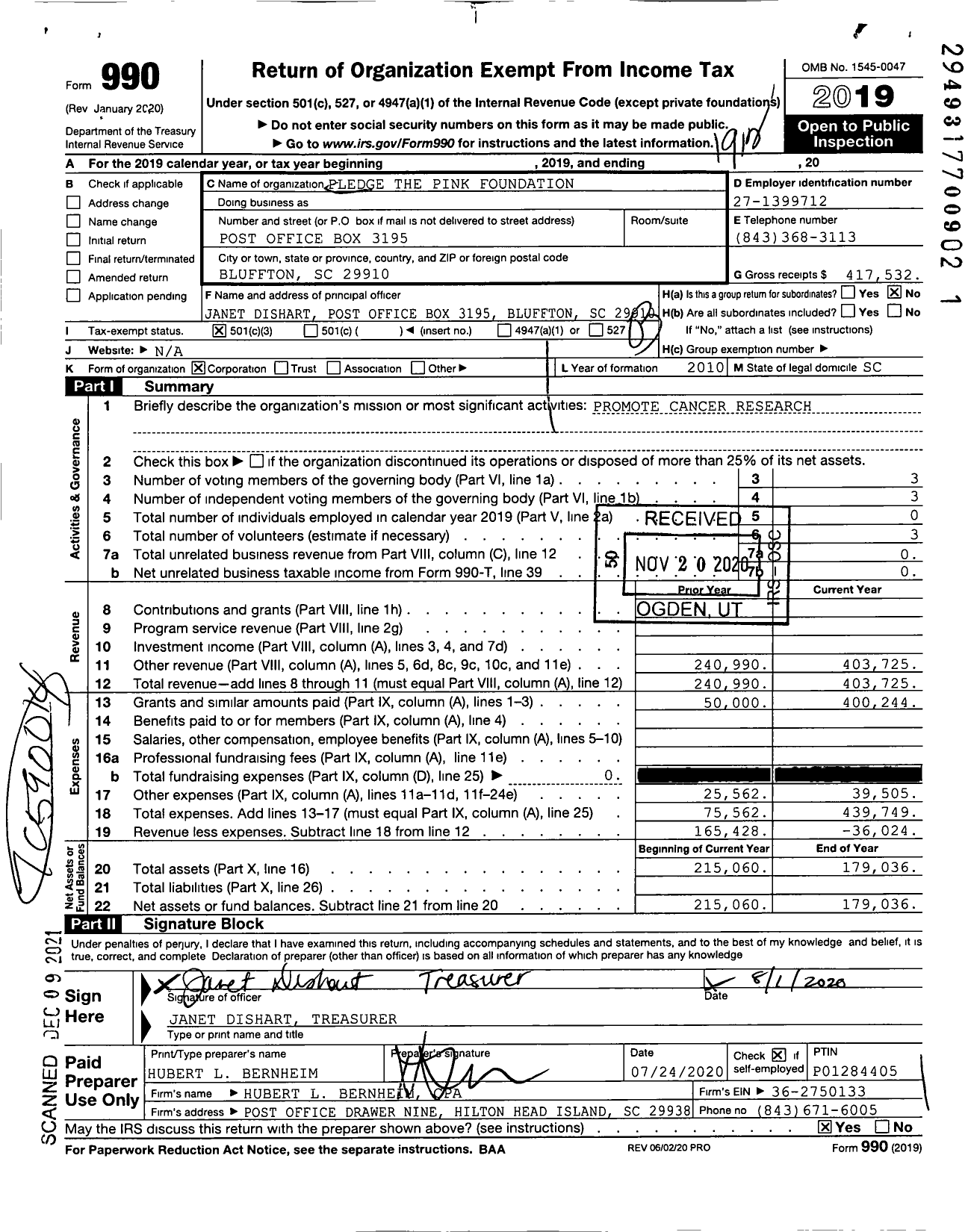 Image of first page of 2019 Form 990 for Pledge the Pink Foundation