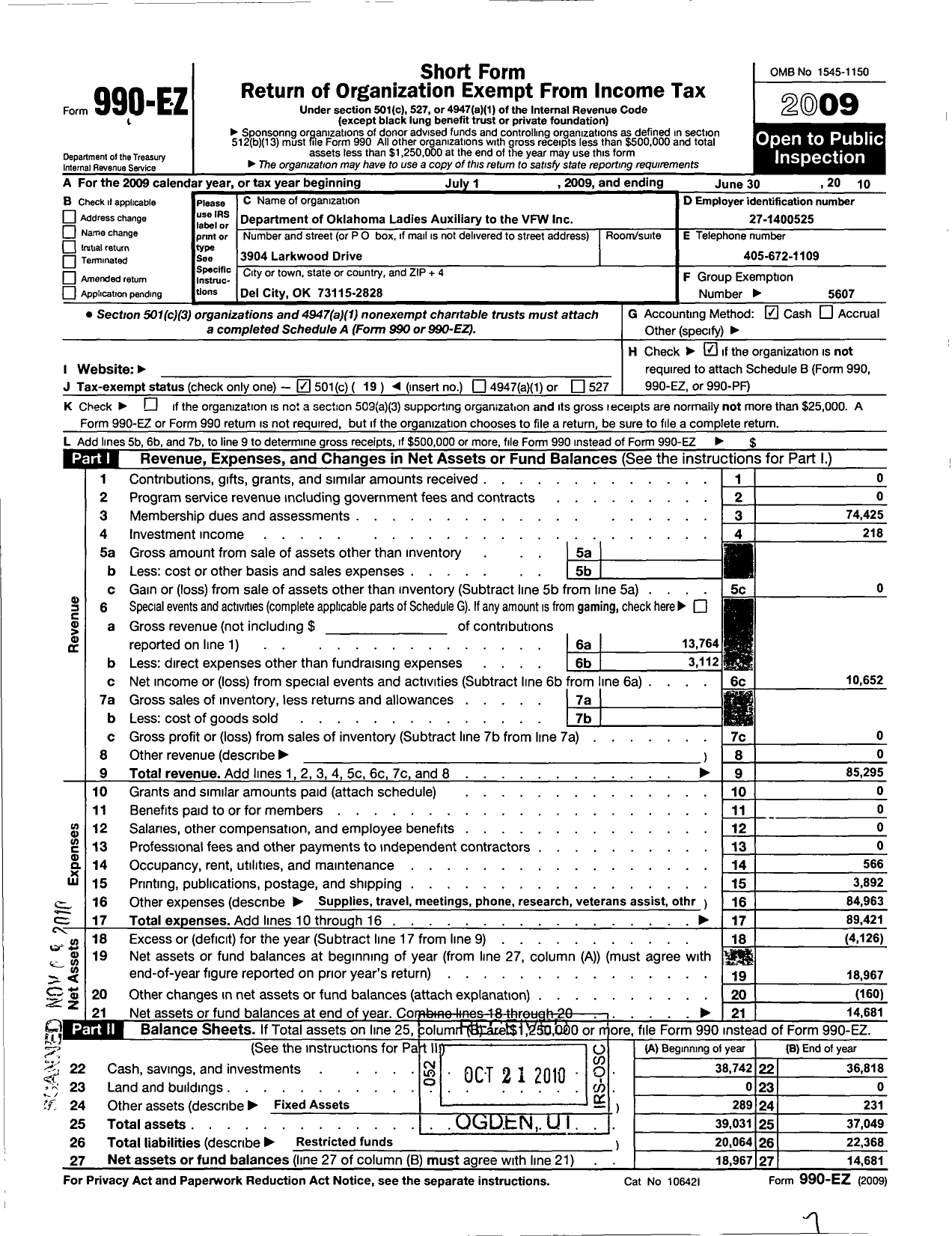 Image of first page of 2009 Form 990EO for VFW Auxiliary Department of Oklahoma