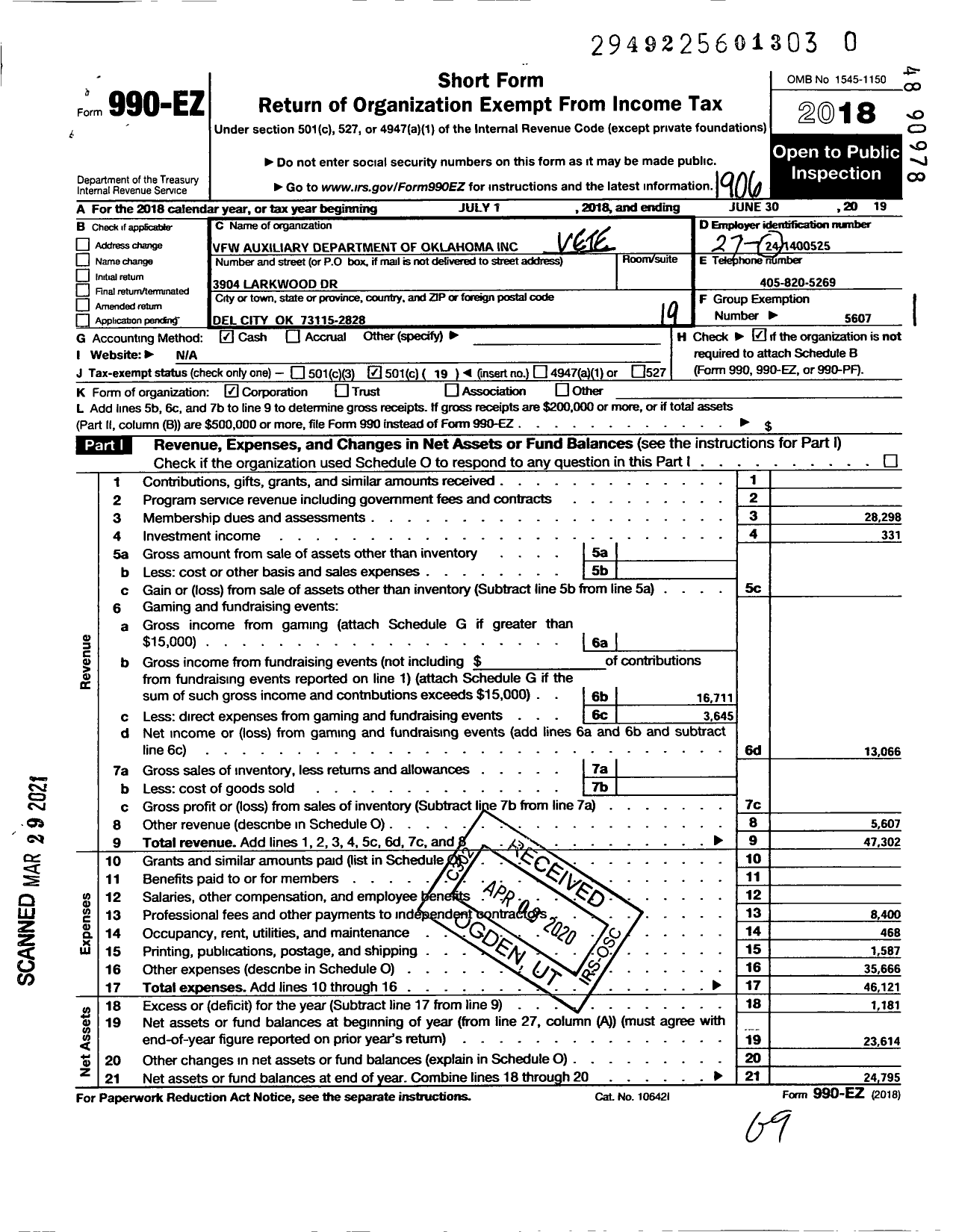 Image of first page of 2018 Form 990EO for VFW Auxiliary Department of Oklahoma