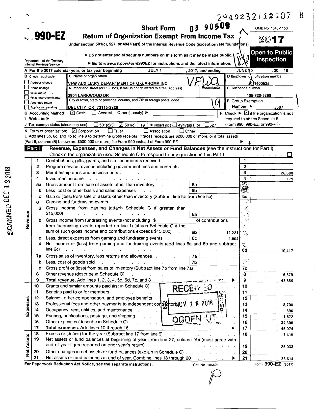 Image of first page of 2017 Form 990EO for VFW Auxiliary Department of Oklahoma