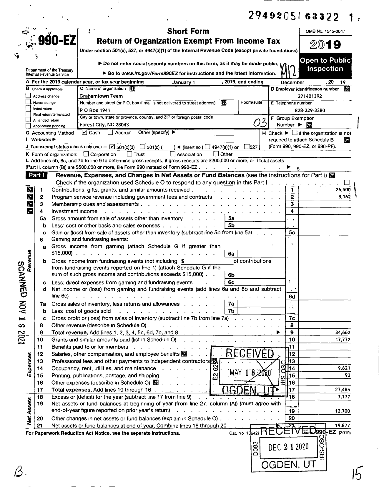 Image of first page of 2019 Form 990EZ for Grahamtown Team