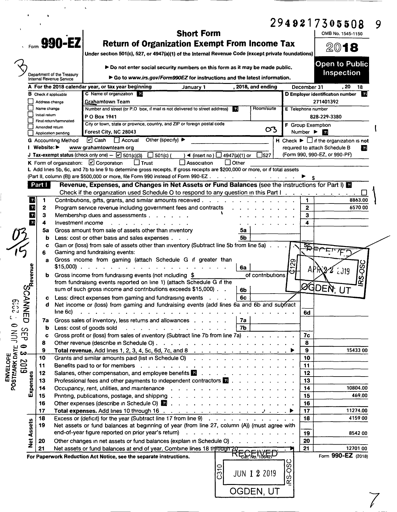 Image of first page of 2018 Form 990EZ for Grahamtown Team