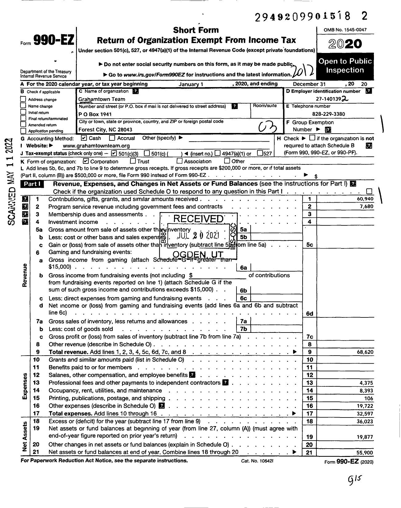 Image of first page of 2020 Form 990EZ for Grahamtown Team