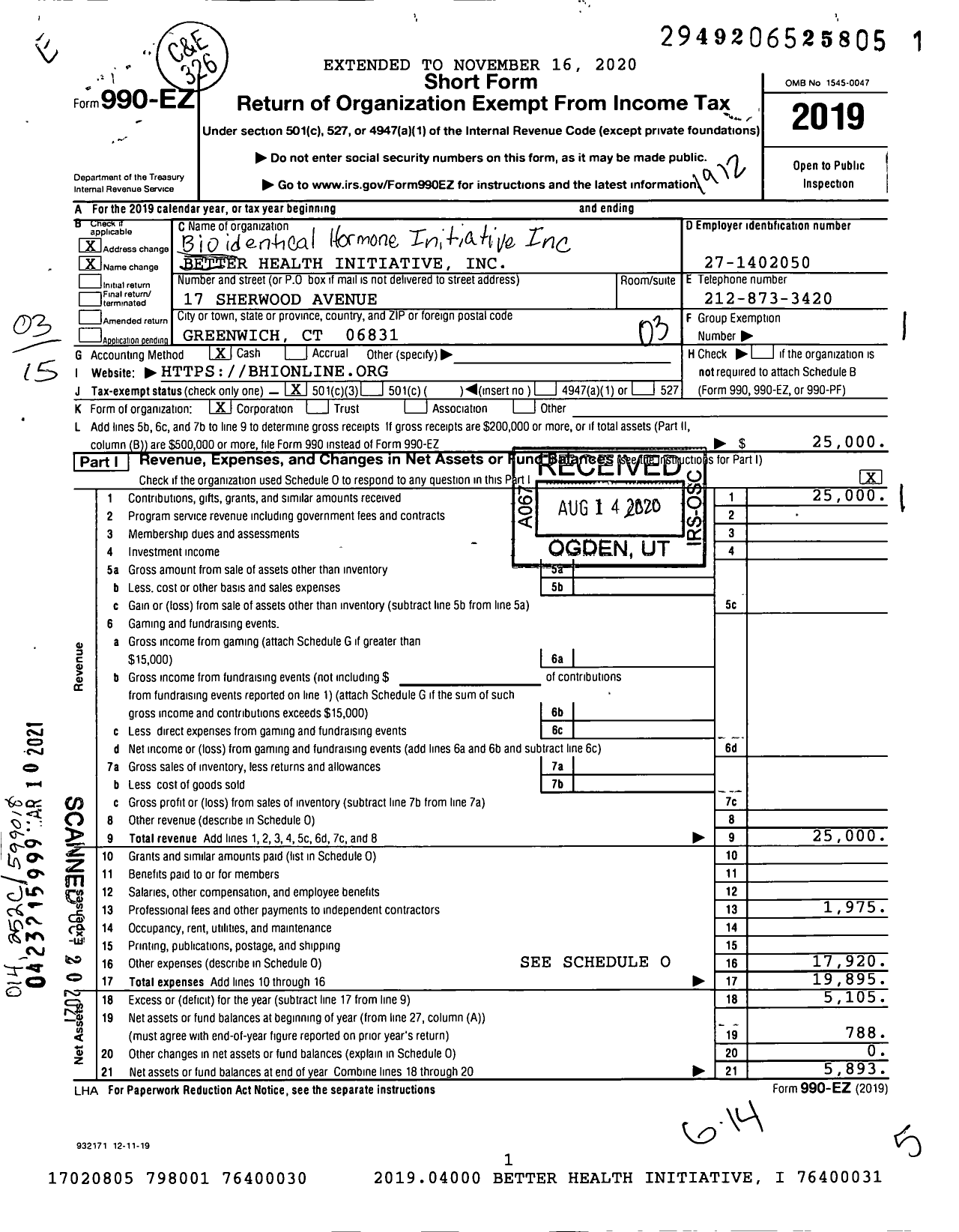 Image of first page of 2019 Form 990EZ for Bioidentical Hormone Initiative