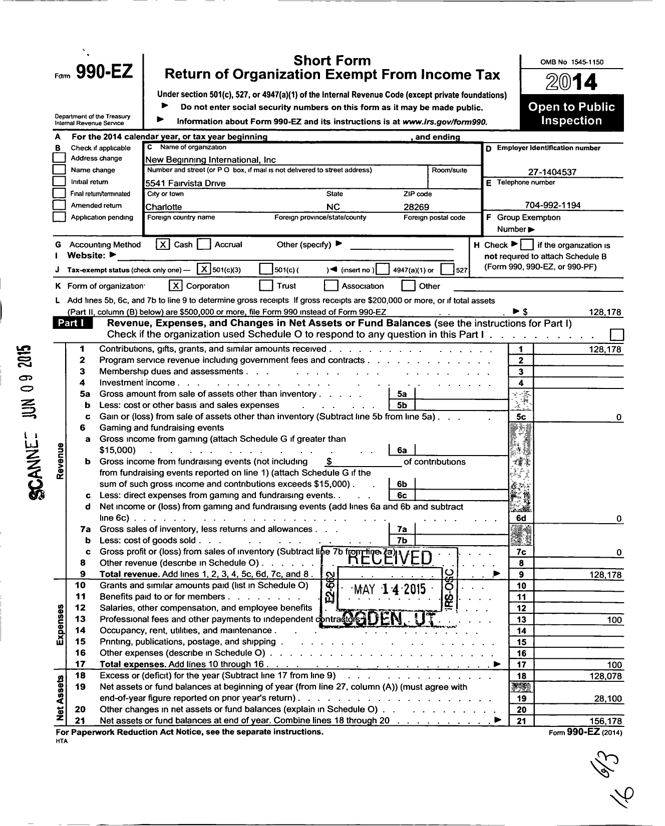 Image of first page of 2014 Form 990EZ for New Beginning International