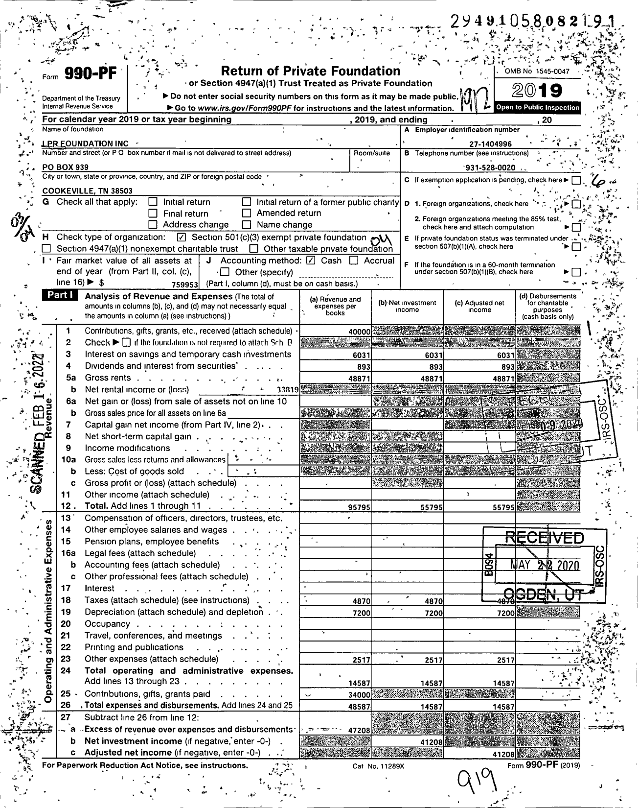 Image of first page of 2019 Form 990PF for LPR Foundation